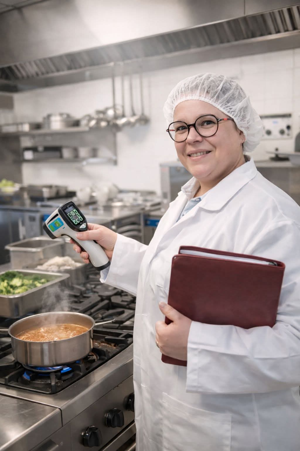 Maïté Gruet en audit hygiène dans une cuisine professionnelle, relevé de température à l'appui